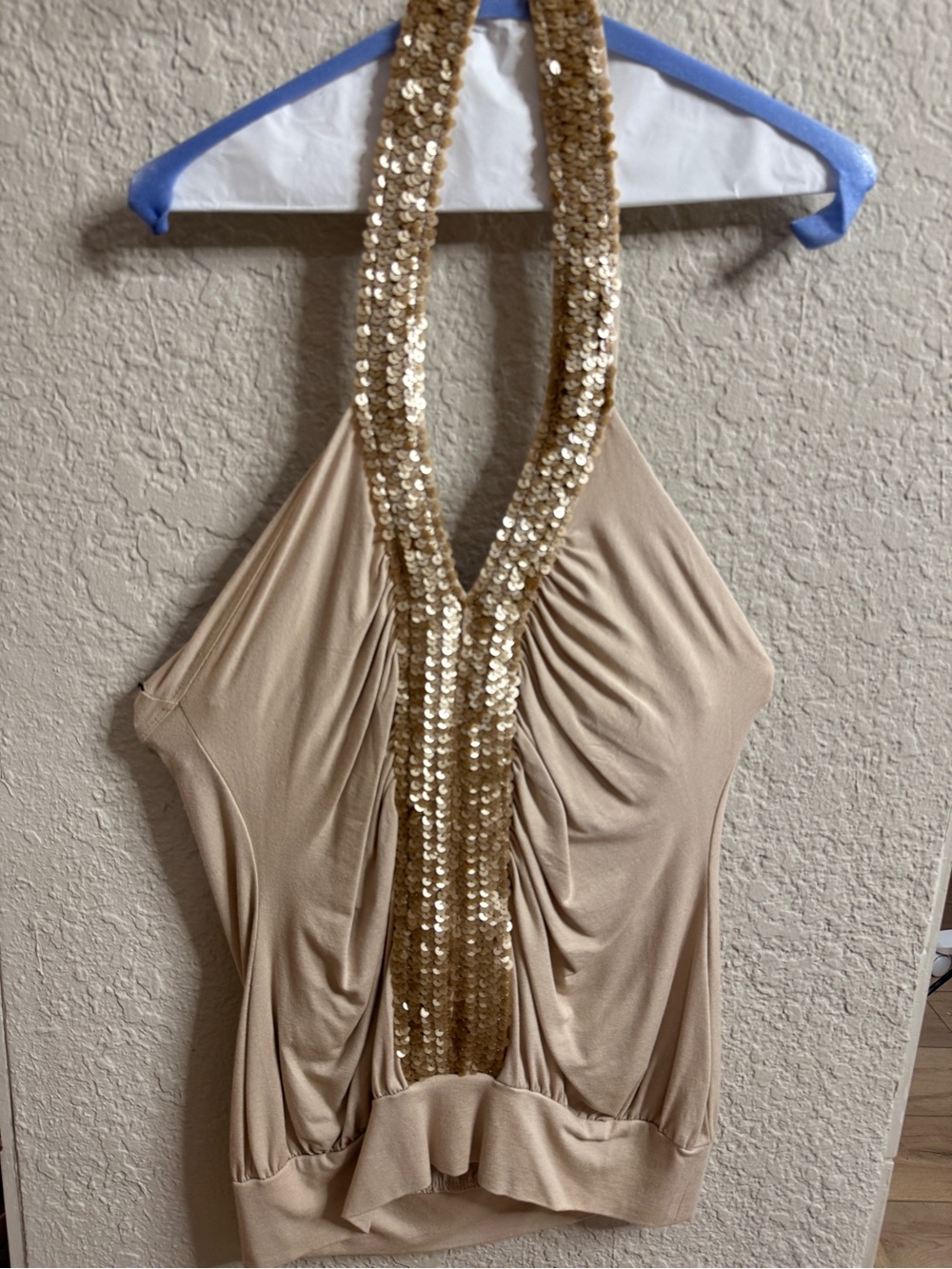 bebe Beige Top - Neutral Tan sequins Medium halter top